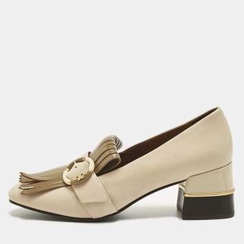 Pre Owned Tory Burch Cream Leather Kiltie Loafer Pumps Size 37