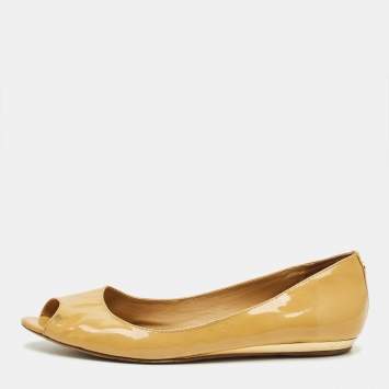 Pre Owned Tory Burch Beige Patent Leather Peep Toe Ballet Flats Size 38.5