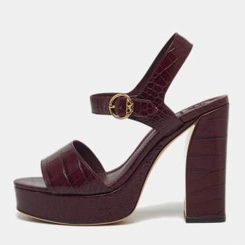 Pre Owned Tory Burch Burgundy Embossed Crocodile Maritine Sandals Size 38