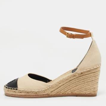 Pre Owned Tory Burch Beige/Black Canvas and Leather Espadrille Wedge Pumps Size 40