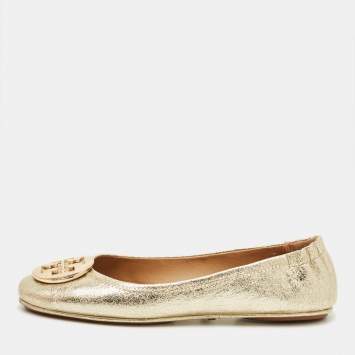 Pre Owned Tory Burch Gold Leather Minnie Travel Ballet Flats Size 39.5