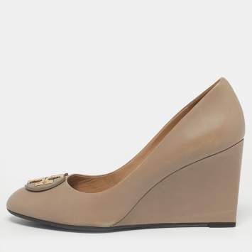 Pre Owned Tory Burch Grey Leather Sally Wedge Pumps Size 39