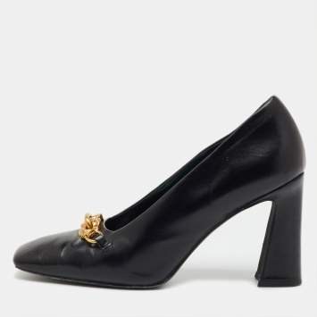 Pre Owned Tory Burch Black Leather Jessa Block Heel Pumps Size 37