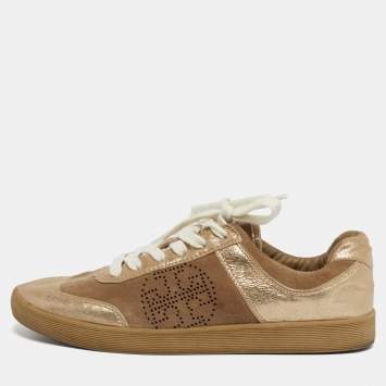مملوكة مسبقًا Tory Burch Beige/Gold Suede and Metallic Leather Perforated Logo Sneakers Size 38.5