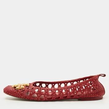 Pre Owned Tory Burch Eleanor Size 40.5 Red Woven Leather Ballet Flats