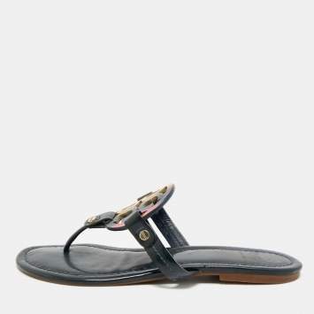 Pre Owned Tory Burch Miller Size 37.5 Navy Blue Patent Leather Thong Sandals