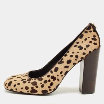 Pre Owned Tory Burch Size 37 Brown/Beige Leopard Print Calf Hair Block Heel Pumps