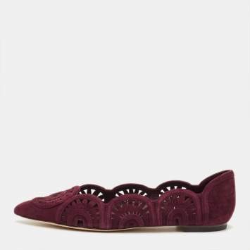 Pre Owned Tory Burch Leyla Size 35 Burgundy Laser Cut Suede Ballet Flats