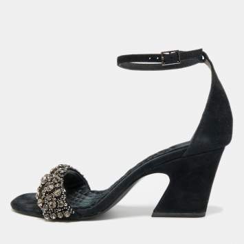Pre Owned Tory Burch Size 39.5 Black Suede Crystal Embellished Ankle Strap Sandals
