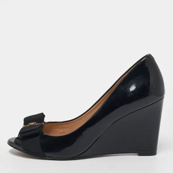 Pre Owned Tory Burch Trudy Size 38 Black Patent Leather Wedge Pumps