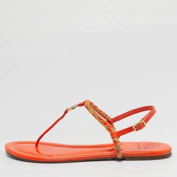 Pre Owned Tory Burch Miller Size 41 Orange Patent Leather and Straw Slingback Flats