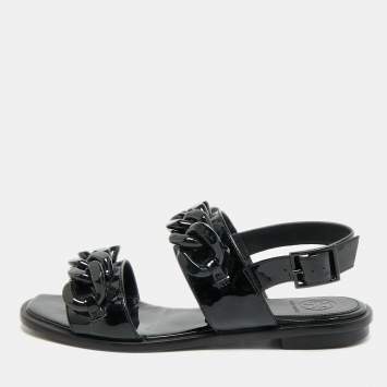 Pre Owned Tory Burch Adrien Size 37 Black Patent Leather Ankle Strap Flat Sandals
