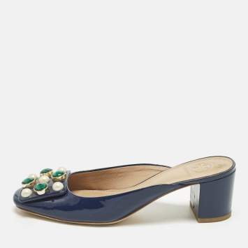 Pre Owned Tory Burch Size 36 Navy Blue Patent Leather Crystal Embellished Mules