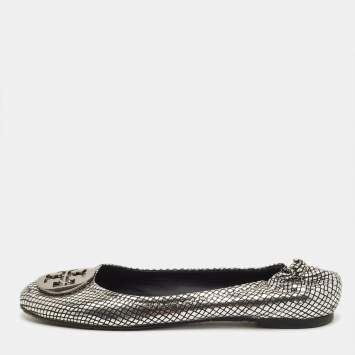 Pre Owned Tory Burch Reva Size 39 Metallic Silver/Black Leather Ballet Flats