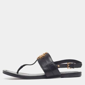 Pre Owned Tory Burch Size 36 Black Leather T Strap Thong Flat Sandals