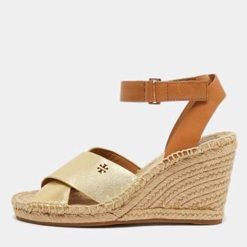 Pre Owned Tory Burch Size 36.5 Gold/Brown Leather Ankle Strap Wedge Sandals