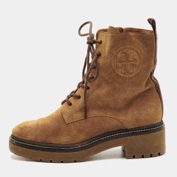 مملوكة مسبقًا Tory Burch Miller Size 36.5 Tan Suede Lug Sole Lace Up Combat Boots
