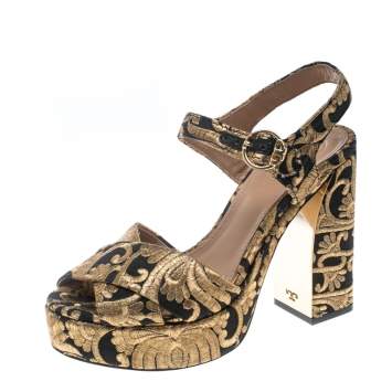 Pre Owned Tory Burch Gold/Black Brocade Fabric Loretta Sandals Size 36.5
