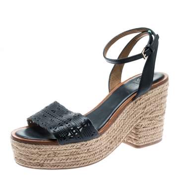 Pre Owned Tory Burch Blue Laser Cut Leather Roselle Espadrille Platform Sandals Size 39.5