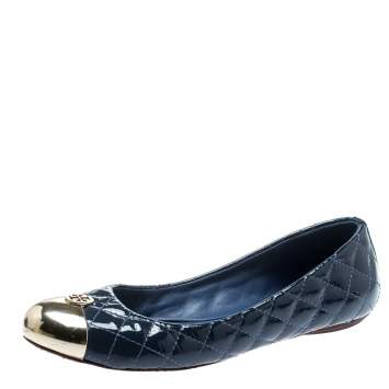 Pre Owned Tory Burch Blue Quilted Leather Kaitlin Metal Cap Toe Ballet Flats Size 37.5
