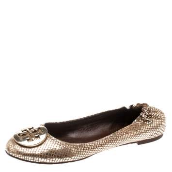 Pre Owned Tory Burch Metallic Gold Foil Textured Suede Reva Ballet Flats Size 37.5