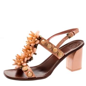 Pre Owned Tory Burch Coral Patent Leather Emilynn Beaded T-Strap Studded Ankle Strap Sandals Size 40.5
