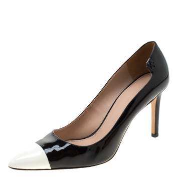 Pre Owned Tory Burch Monochrome Patent Leather Cap Toe Elizabeth Pointed Toe Pumps Size 39.5
