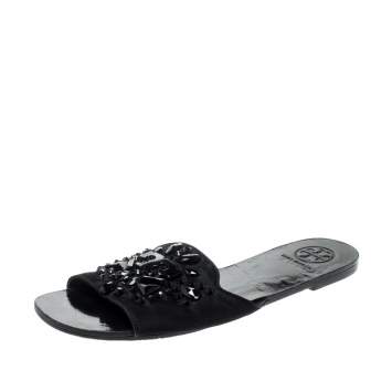 Pre Owned Tory Burch Black Gems Embellished Satin Delphine Flats Slides Size 39