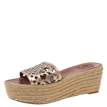 Pre Owned Tory Burch Bronze Leather Thatched Platform Wedge Sandals Size 36.5