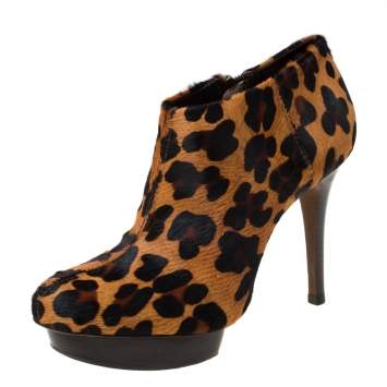 Pre Owned Tory Burch Leopard Print Calfhair Pointed Toe Heel Ankle Boots Size 37.5