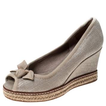 Pre Owned Tory Burch Beige Canvas Jackie Bow Espadrille Wedge Pumps Size 35