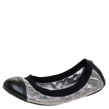 Pre Owned Tory Burch Silver/Black Quilted Leather Garter Ballet Flats Size 36