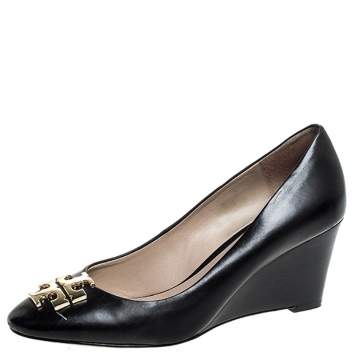 Pre Owned Tory Burch Black Leather Raleigh Round Toe Wedge Pumps Size 37.5