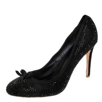 Pre Owned Tory Burch Black Suede Crystal Embellished Bow Round Toe Pumps Size 41