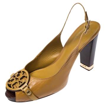 Pre Owned Tory Burch Mustard Yellow Leather Raphael Logo Slingback Open Toe Sandals Size 39.5