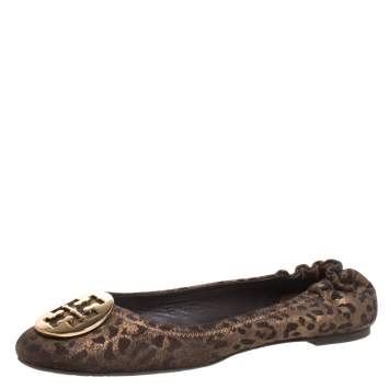 Pre Owned Tory Burch Brown Leopard Print Leather Reva Scrunch Ballet Flats Size 40