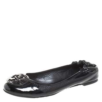 Pre Owned Tory Burch Black Patent Leather Reva Scrunch Ballet Flats Size 37.5