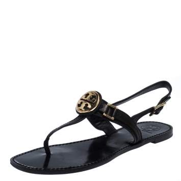 Pre Owned Tory Burch Black Leather Logo Detail Thong Slingback Sandals Size 39.5