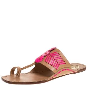 Pre Owned Tory Burch Beige/Pink Leather Caylan Toe Ring Flats Size 40