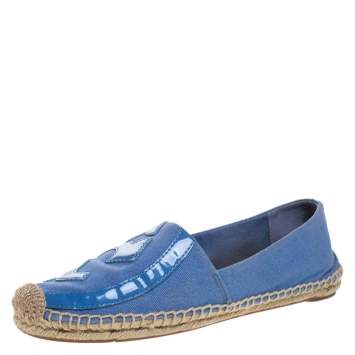 Pre Owned Tory Burch Blue Denim And Patent Leather Poppy Logo Espadrilles Size 38.5