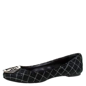 Pre Owned Tory Burch Black Suede Leather Logo Ballet Flats Size 36