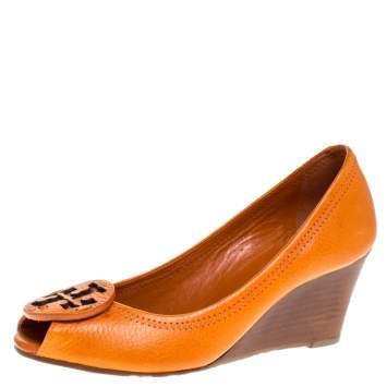 Pre Owned Tory Burch Orange Leather Logo Wedge Peep Toe Pumps Size 36.5