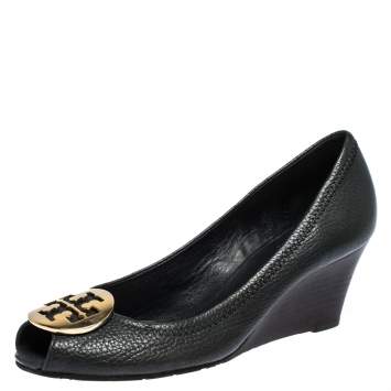 Pre Owned Tory Burch Black Leather Wedge Peep Toe Pumps Size 38