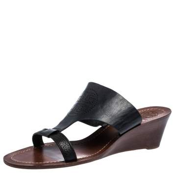 Pre Owned Tory Burch Black Perforated Logo Leatther Wedge Sandals Size 37.5