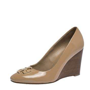 Pre Owned Tory Burch Beige Patent Leather Lowell New Logo Wedge Pumps Size 37 