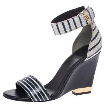 Pre Owned Tory Burch Two Tone Snake Embossed Leather Carolyn Ankle Strap Wedge Sandals Size 37