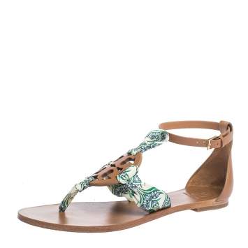 Pre Owned Tory Burch Brown Leather And Printed Scarf Miller Sandals Size 37
