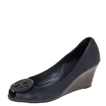 Pre Owned Tory Burch Blue Leather Logo Peep Toe Pumps Size 38.5