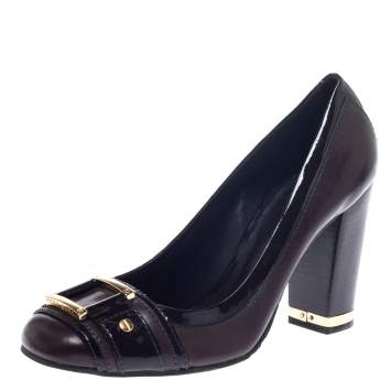 Pre Owned Tory Burch Brown Leather and Patent Leather Block Heel Pumps Size 38.5
