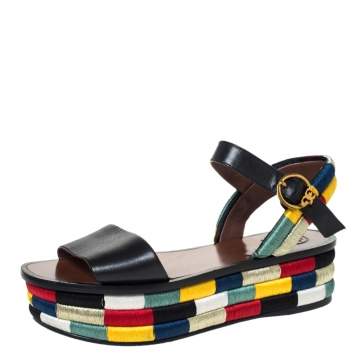 Pre Owned Tory Burch Black Leather Camilla Embroidered Platform Ankle Strap Sandals Size 36